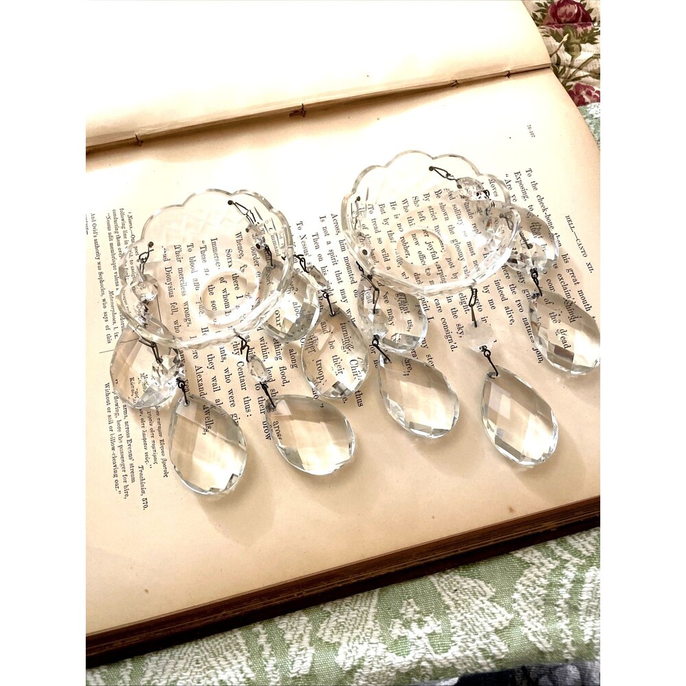2 Antique Crystal Bobeches w/ Faceted Prisms Chandelier Lamp Parts
